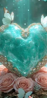 Turquoise heart surrounded by butterflies and roses.