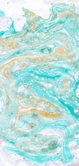 Turquoise marble wallpaper with golden swirls and white background.