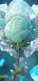 Turquoise rose encased in shimmering crystals on a mobile wallpaper.