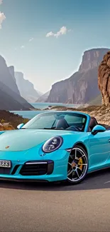 Turquoise sports car driving through a scenic canyon under a blue sky.