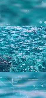 Digital art of turquoise ocean waves with abstract elements.