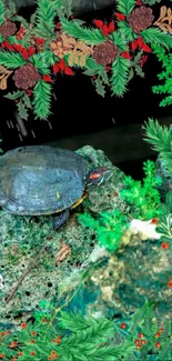 Artistic turtle on a rock with lush greenery and decorative foliage design.