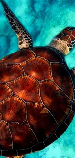 Sea turtle swimming in clear ocean water with vibrant colors.