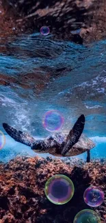 Turtle swimming under ocean waves with colorful bubbles.