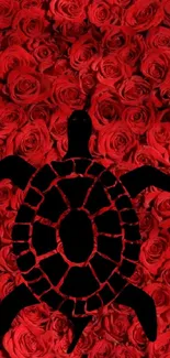 Black turtle silhouette over vibrant red roses background.