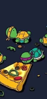 Playful turtles eating pizza slice on navy blue background.