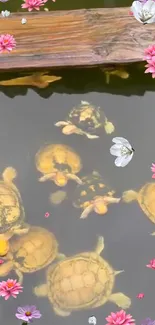 Turtles swim in a pond surrounded by pink and white flowers.