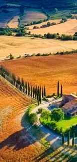 Aerial view of Tuscany with rolling hills and vibrant fields