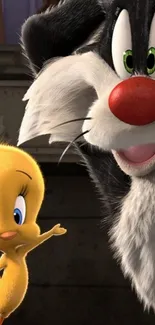 Mobile wallpaper of Tweety and black cat character in playful pose.