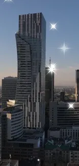 Twilight cityscape with a starry sky and modern skyscrapers.