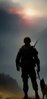 Silhouette of soldier and dog at twilight in dramatic landscape.