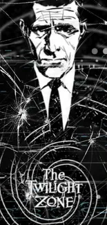 Black and white Twilight Zone artwork with shattered glass effect.