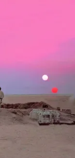 Dual sunset over a desert with pink sky.