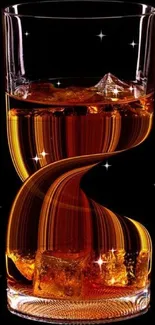 Twisted glass with amber liquid art on black background.