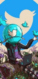 Whimsical Twitter-themed art with birds and laptop.