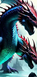 Two-headed dragon fantasy art with vivid colors and intricate details.