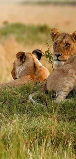 Two lions rest on grassy safari plain with serene background.