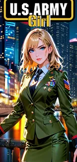 Anime army girl in cityscape at night.