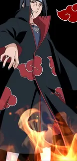 Itachi Uchiha in Akatsuki cloak with red cloud symbol.