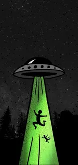 UFO abducting silhouettes in green light against a starry night sky.