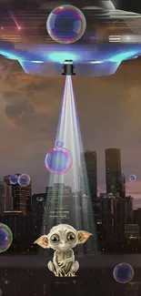 UFO abducting creature in city skyline with bubble effects.