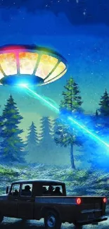 UFO abduction over a forest with a parked truck at night.