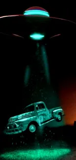 Neon UFO abducts vintage truck in sci-fi scene.