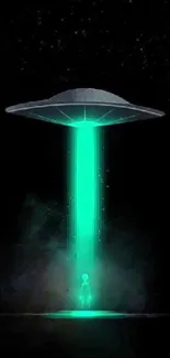 Neon green UFO abducts figure in cosmic night scene.