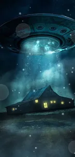 Mysterious UFO hovering above a house at night.