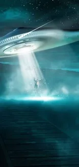 UFO hovering at night, beaming light on figure.