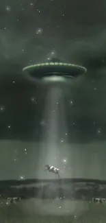 UFO abduction scene with cow at night.