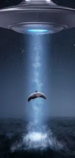 A UFO beams down on a dolphin over the ocean at night.