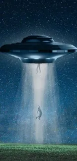 UFO hovers over landscape with stars in the night sky, depicting an abduction scene.