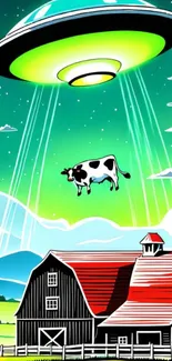 UFO abducts cow over barnyard at night.