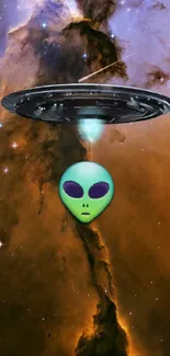 Alien and UFO in a cosmic space scene with vivid orange nebula.