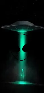 Glowing UFO beam with alien figure on mobile wallpaper.