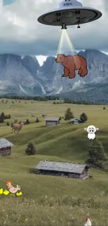 UFO beaming up animals in a mountain landscape with cabins and meadow.