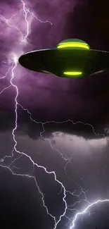 Purple lightning with UFO in night sky background.