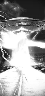 UFO hovers above road with lightning strikes in black and white scene.