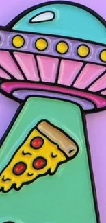 Colorful cartoon UFO with pizza beam on purple background.