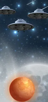 UFOs flying over a vivid planet and starry sky in sci-fi wallpaper.