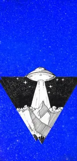 UFO above mountains in triangle on starry blue background.