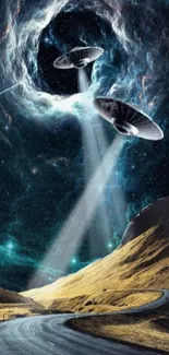 UFOs hovering over a cosmic road under a starry sky, creating a surreal space scene.