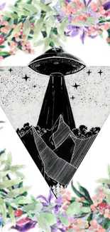 UFO shining on mountains with floral frame.