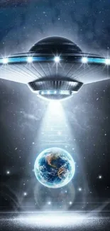 Futuristic UFO hovering over planet Earth, emitting light beams.