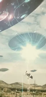 Sci-fi desert scene with UFOs in the sky.