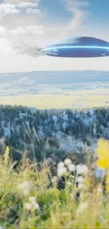 Futuristic UFO hovering over scenic mountain landscape with blue sky.