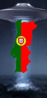 UFO lifting Portugal map over starry ocean night scene.