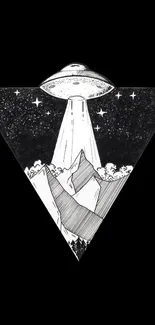 UFO over mountains in cosmic triangle design.