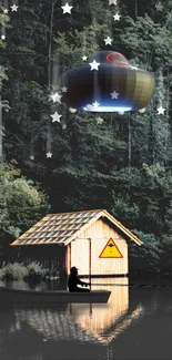 Night lake scene with UFO and forest backdrop.